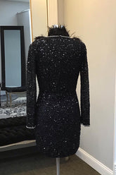 Black Homecoming Dress Long Sleeves Sequin Tight Beaded Short Prom Dress with Feathers